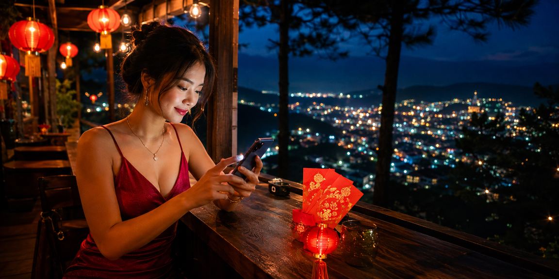 Cảnh đêm Đà Lạt với đèn lồng và màn hình hiển thị kèo cược trực tuyến