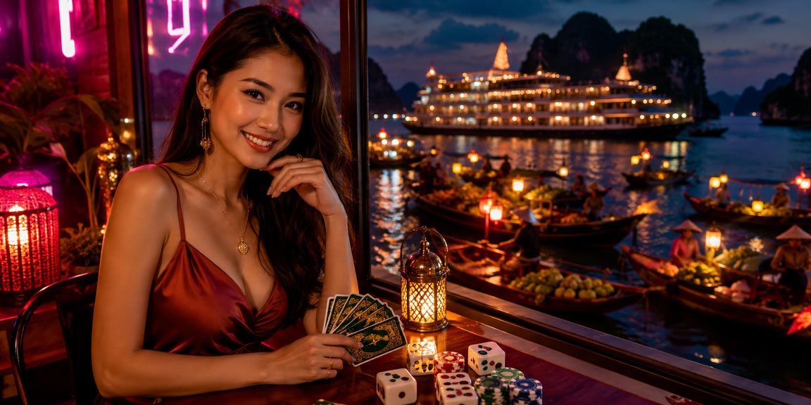 Du khách tại vịnh Hạ Long thư giãn chơi bài trực tuyến trên điện thoại với cảnh biển đảo phía sau